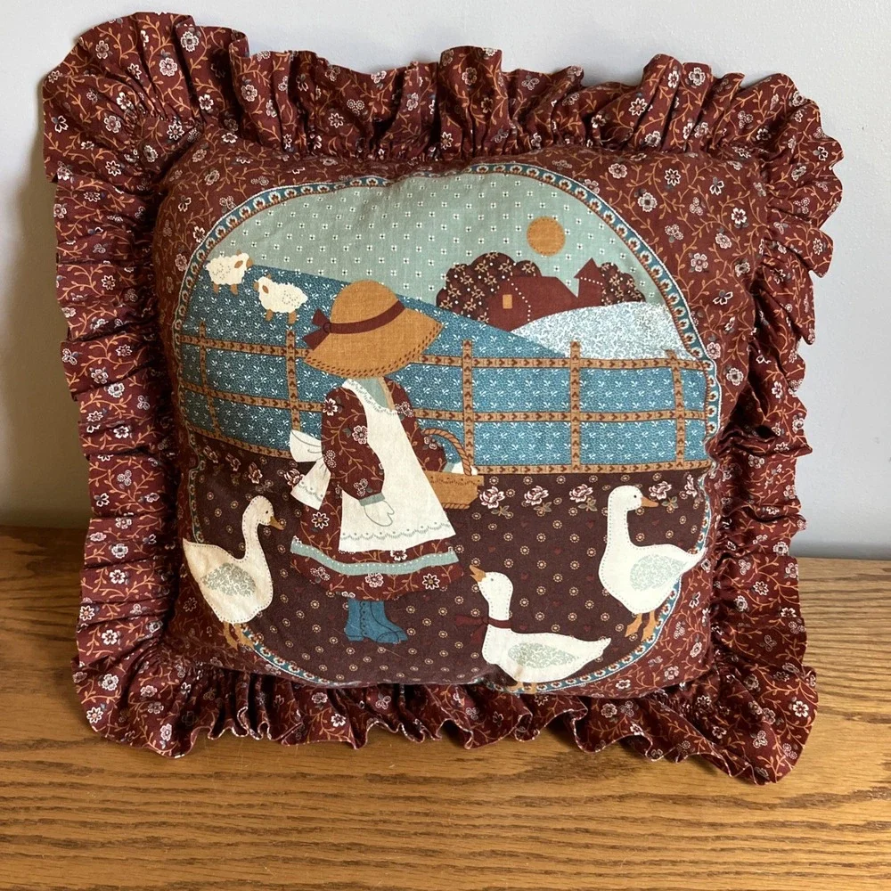 Vintage 1970's Old Country Style Pillow Goose Girl Floral Pattern Cottagecore